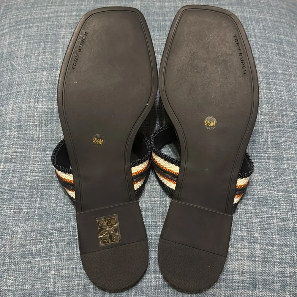 Tory Burch Mini Benton Chain Band Sandal Navy/Tan, US 9.5